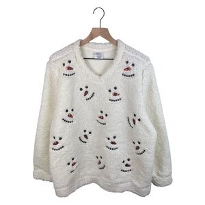Fashion by Mirabeau Women's White Snowman Sequin Sherpa Pullover Sweater Medium